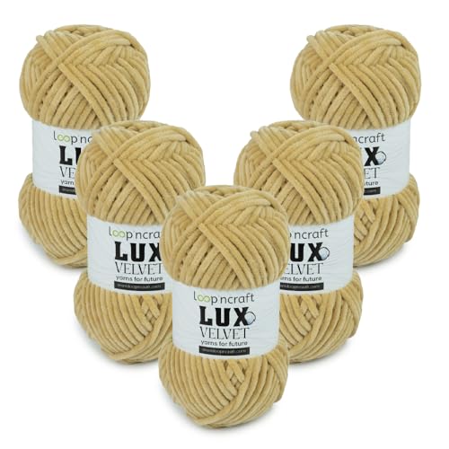 Chenille Wolle 5er-Set, Beige Farbe, Loopncraft, 5 X 100g, Lux Velvet, Super Weiches Samtgarn von Loopncraft