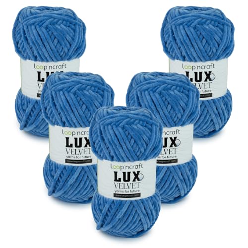 Chenille Wolle 5er-Set, Denim Blau, Loopncraft, 5 X 100g, Lux Velvet, Super Weiches Samtgarn von Loopncraft