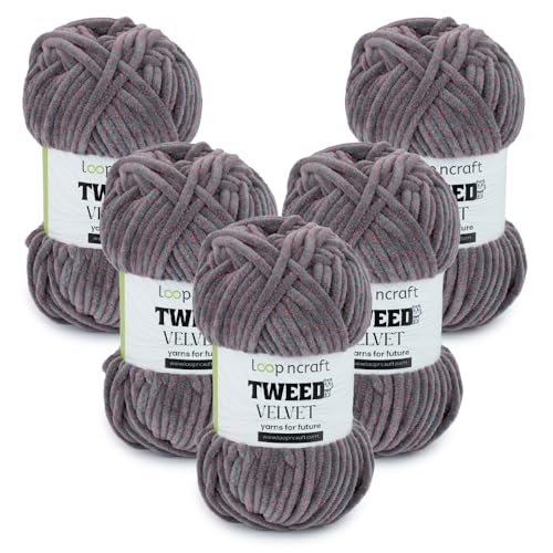 Chenille Wolle 5er-Set, Grau-Rosa, Loopncraft, 5 X 100g, Tweed Velvet, Super Weiches Zweifarbiges Samtgarn von Loopncraft