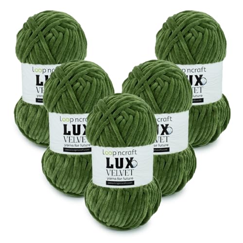 Chenille Wolle 5er-Set, Olivengrün, Loopncraft, 5 X 100g, Lux Velvet, Super Weiches Samtgarn von Loopncraft