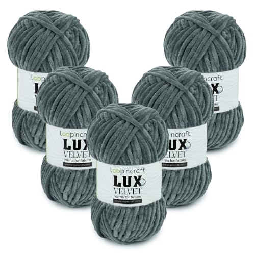 Chenille Wolle 5er-Set, Schiefergrau, Loopncraft, 5 X 100g, Lux Velvet, Super Weiches Samtgarn von Loopncraft