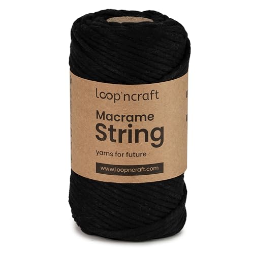 Loopncraft Macrame Garn Schwarz, 4mm - 74m, Einstrangig Natur Baumwollkordel, Recycling Garn von Loopncraft