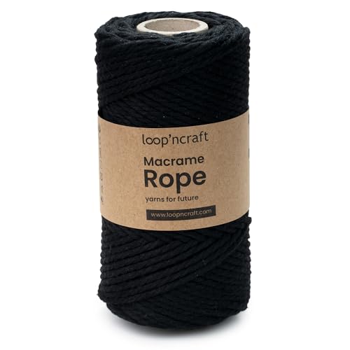 Loopncraft Makramee Garn Schwarz, 3mm - 80m, gedrehte Natürliche Baumwollseil, Recycling Garn von Loopncraft