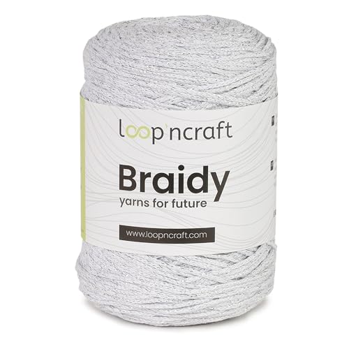Loopncraft Makramee mit Glitzergarn Lurex Weiß-Silber, 250m - 250g, geflochtenes Garn, Recycling Garn von Loopncraft