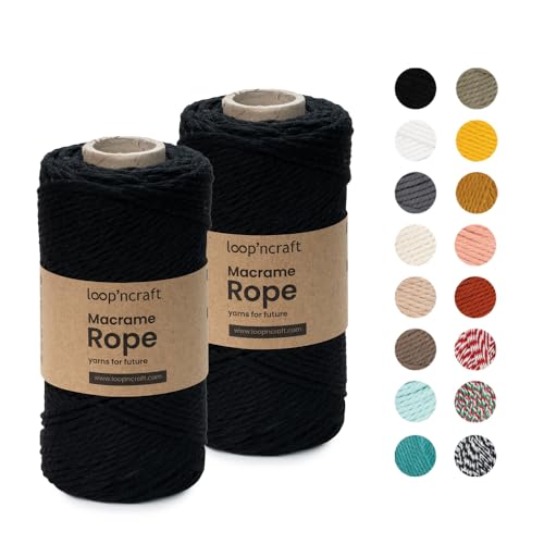 Macrame Garn, 2er-Set Schwarz, Loopncraft, 2mm - 240m, gedrehte Natürliche Baumwollseil, Recycling Garn von Loopncraft