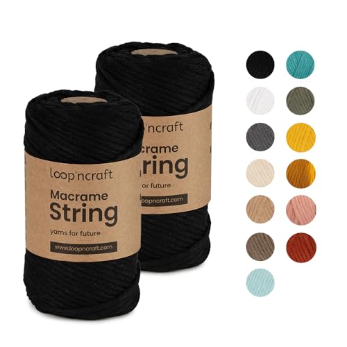 Macrame Garn 2er-Set Schwarz, Loopncraft, 4mm - 148m, Einstrangig Natur Baumwollkordel, Recycling Garn von Loopncraft