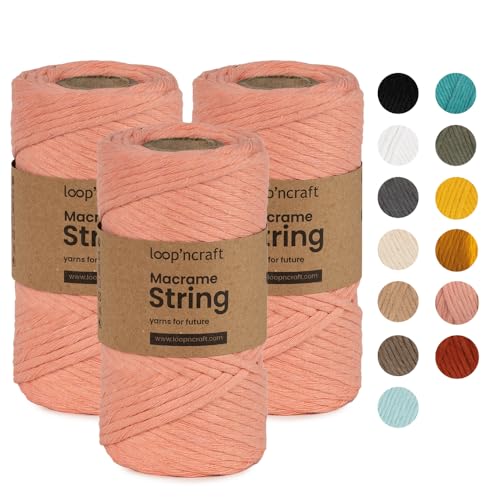 Macrame Garn 3er-Set Lachsrosa, Loopncraft, 3mm - 240m, Einstrangig Natur Baumwollkordel, Recycling Garn von Loopncraft