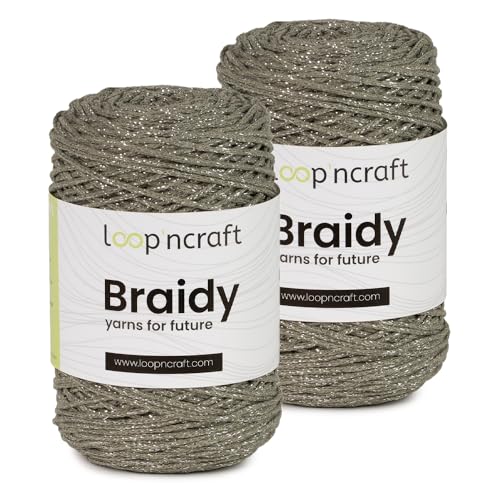 Makramee mit Glitzergarn Lurex 2er Set Khaki-Silber, Loopncraft, 2 X 250m - 250g, geflochtenes Garn, Recycling Garn von Loopncraft