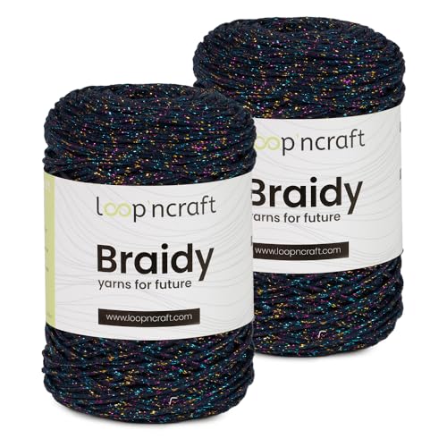 Makramee mit Glitzergarn Multilurex 2er Set Marineblau, Loopncraft, 2 X 250m - 250g, geflochtenes Garn, Recycling Garn von Loopncraft