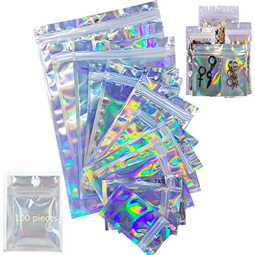 100 Stück geruchsdichte, wiederverschließbare Mylarbeutel, holografische Beutel, flach verschließbare Beutel mit Reißverschluss zur Aufbewahrung von Geschenken, Schmuckbeutel (S(7 × 10 cm)) von Loopunk