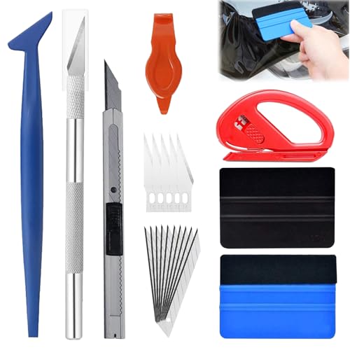 Loovisse 8 Stück Folierungs Werkzeug,Rakel Set für Tönungsfolie,Rakelset zum Folieren,Gummispachtel,Auto folierungs Werkzeug mit 2 Filzrakel Rakel Präzisionsmesser Cutter Messer mit 10 Klingen von Loovisse