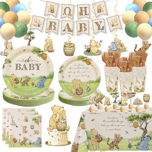 Classic Winnie Bear Baby Shower Decorations Plates Set, Neutral Vintage Pooh Oh Baby Plates Napkins Cups Forks Balloons Cake Cupcake Toppers Banner Swirls Tablecloth for 25 Guests Gender Reveal von Lopeastar