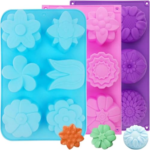 Loppdece 3 Stück Seifenformen Silikon, Silikonform Seife, Silikon Blume Form Seife Formen Fondant, 6-Kavität Schalen für Hausgemachte Kuchen Schokolade Cupcake Form (Lila, Blau, Rosa) von Loppdece