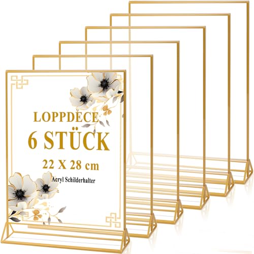 Loppdece 6 Stück Goldener doppelseitiger Bilderrahmen, 21.6 x 28CM Acryl Tischaufsteller, Acryl Schildhalter mit goldenen Rändern, Goldrahmen für Hochzeit Tischnummern, Speisekartenhalter, Fotorahmen von Loppdece