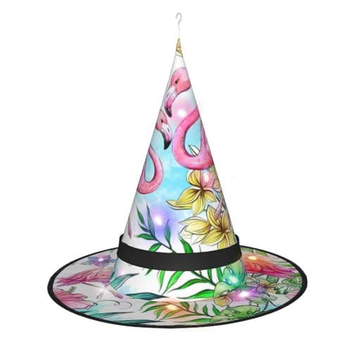 Hexenhut mit Flamingo-Blumendruck, Halloween-Hexenhut mit LED-Licht, Cosplay-Party-Dekoration von Loppott
