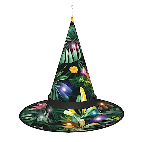 Hexenhut mit tropischen Blättern und Blumen, Halloween-Hexenhüte mit LED-Licht, Cosplay-Party-Dekoration von Loppott