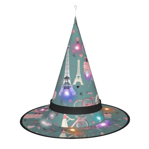 Romantischer Hexenhut mit Pariser Eiffelturm, Fahrraddruck, Halloween-Hexenhut mit LED-Licht, Cosplay, Party-Dekoration von Loppott