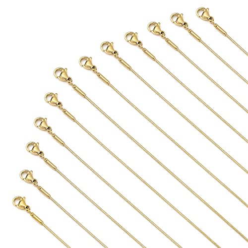 Loprome 12 Stück Halskettenketten vergoldet Edelstahl Schlangenkette Halskette, dünne runde Schlangenketten mit Karabinerverschluss für DIY Schmuckherstellung, 1 mm von Loprome