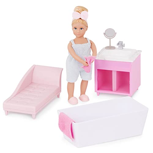 Lori – Kleine Puppe & Puppenhaus Möbel – 15 cm Mini Puppe & Puppenmöbel – mit Puppenzubehör & Puppenkleidung – Badewanne, Waschbecken, Spiegel – Spielzeug für Kinder ab 3 Jahren – Adelinas Badezimmer von Lori