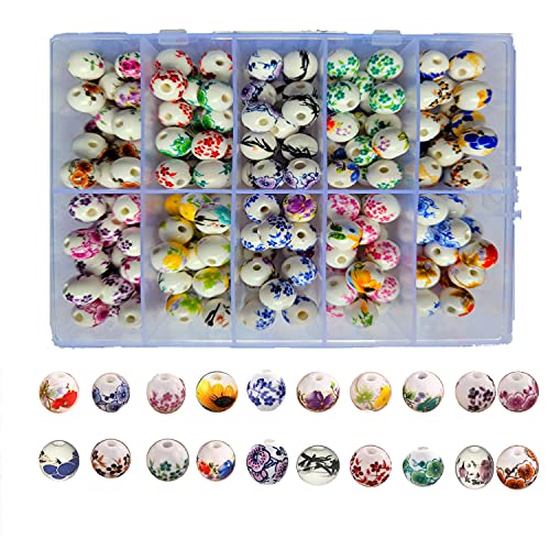 Loscrew 200 Stück Porzellan Blumenperlen Runde Blumenperlen Schnur Keramik Perlen für Halskette, Armband, Ohrring, Schmuckherstellung und DIY (20 Style 10mm) von Loscrew