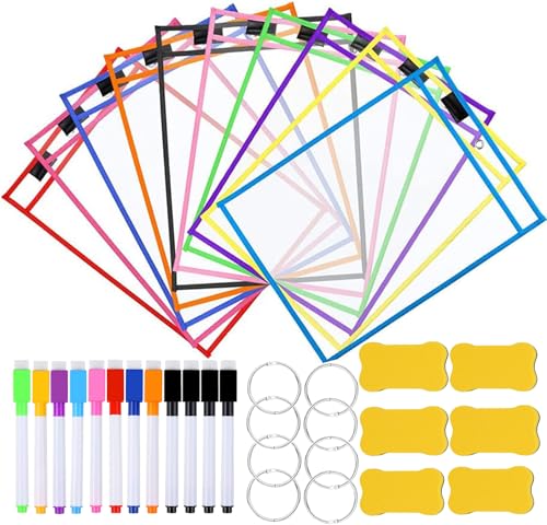 Dry Erase Taschen, 10 Stück Wiederverwendbare Trocken Abwischbare Taschen Abwischbare Durchsichtige Tasche mit 12 Löschbare Stifte, 6 Radiergummi und 8 Metallösen für Büro und Schulbedarf Dry Erase Taschen, 10 Stück Wiederverwendbare Trocken Abwischbare Taschen Abwischbare Durchsichtige Tasche mit 12 Löschbare Stifte, 6 Radiergummi und 8 Metallösen für Büro und Schulbedarf von Lostwry