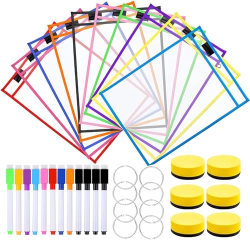 Dry Erase Taschen, 10 Stück Wiederverwendbare Trocken Abwischbare Taschen Abwischbare Durchsichtige Tasche mit 12 Löschbare Stifte, 6 Radiergummi und 8 Metallösen für Büro und Schule Home Dry Erase Taschen, 10 Stück Wiederverwendbare Trocken Abwischbare Taschen Abwischbare Durchsichtige Tasche mit 12 Löschbare Stifte, 6 Radiergummi und 8 Metallösen für Büro und Schule Home von Lostwry
