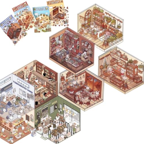 Losueeun 4 Sets DIY 3D-Hausaufkleber, Süße Cartoon-Szenenaufkleber, Lustige DIY-Aufkleberszene, Machen Sie Ihren Eigenen Supermarkt von Losueeun