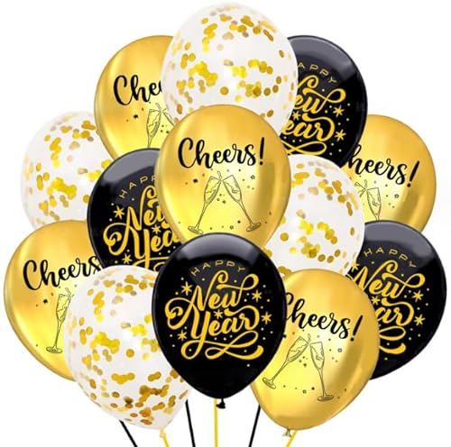 Losuya 18pcs Schwarz Golden Happy New Year Luftballons Cheers Konfetti Ballons für 2024 Silvester Party Dekoration von Losuya