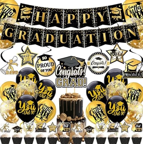 Losuya 2024 Graduation Dekorationen Glückliche Graduation Banner Ballons Schwarz Gold Glückwünsche Cupcake Toppers für Graduation Party Supplies von Losuya