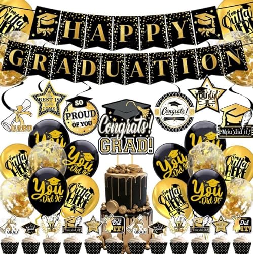 Losuya 2024 Graduation Dekorationen Glückliche Graduation Banner Ballons Schwarz Gold Glückwünsche Cupcake Toppers für Graduation Party Supplies von Losuya