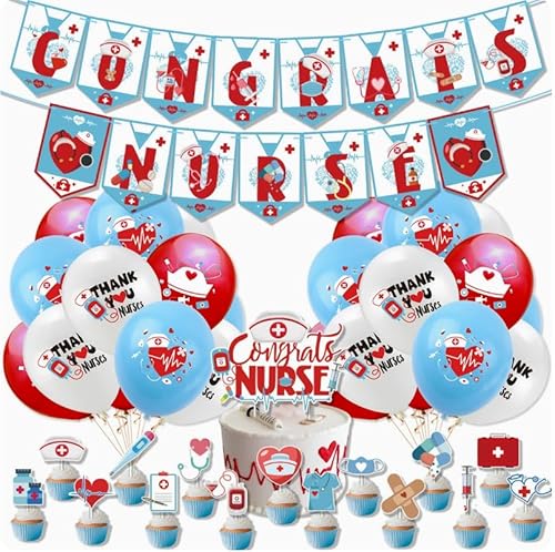 Losuya 2024 Krankenschwester-Abschlussdekorationen, Congrats Nurse Banner Cake Topper Krankenschwester Cupcake Toppers Ballons für Krankenpflege Medizinische Schule Abschlussfeier Party Supplies von Losuya