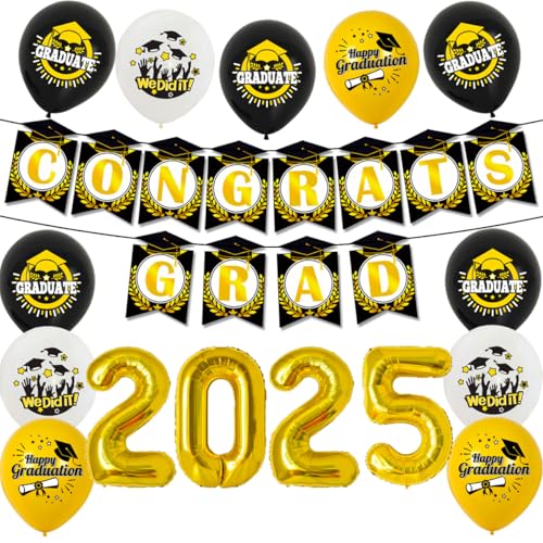 Losuya 2025 Graduation Party Dekorationen Congrats Grad Banner Schwarz Golden Graduation Ballons Set für 2025 Grad Party Dekorationen von Losuya