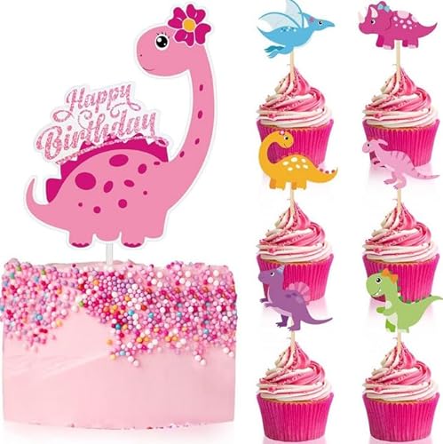Losuya 37 Stück rosa Dinosaurier Happy Birthday Kuchen Topper Dinosaurier Cupcake Topper für Mädchen Dinosaurier Geburtstag Kuchen Dekorationen von Losuya
