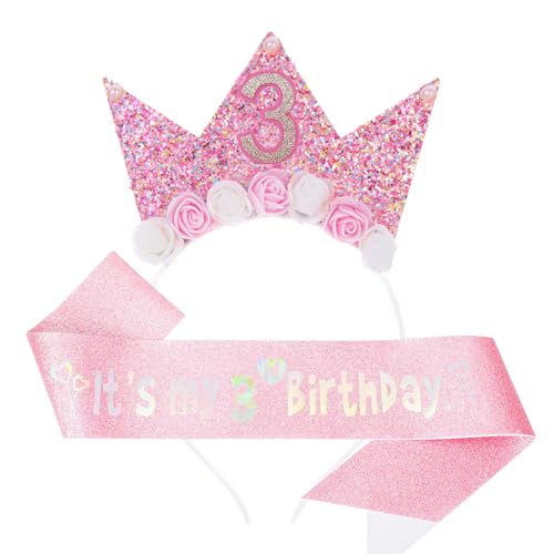 Losuya Geburtstag Mädchen Stirnband & Glitzer Schärpe Set für Mädchen Geburtstag Dekorationen Blume Prinzessin Krone Stirnband Outfit (3 von Losuya