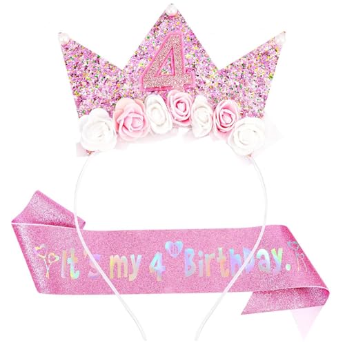 Losuya Geburtstag Mädchen Stirnband & Glitzer Schärpe Set für Mädchen Geburtstag Dekorationen Blume Prinzessin Krone Stirnband Outfit (4 von Losuya