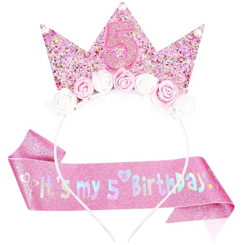 Losuya Geburtstag Mädchen Stirnband & Glitzer Schärpe Set für Mädchen Geburtstag Dekorationen Blume Prinzessin Krone Stirnband Outfit (5 von Losuya