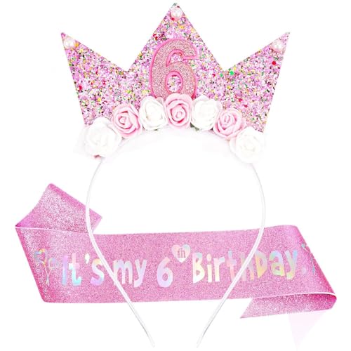 Losuya Geburtstag Mädchen Stirnband & Glitzer Schärpe Set für Mädchen Geburtstag Dekorationen Blume Prinzessin Krone Stirnband Outfit (6 von Losuya
