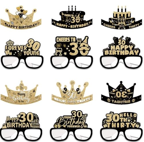 Losuya Papierbrille zum 30. Geburtstag, Party-Brille mit Geburtstagsmützen für Party, Foto-Requisiten, Dekoration, 12 Stück von Losuya