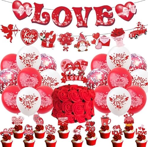 Losuya Valentinstag Luftballons Dekoration Rote Liebe Banner Latex Luftballons Cupcakee Toppers für Valentinstag Hochzeit Verlobung Dekoration von Losuya