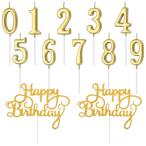 Lotbun 12-teiliges Geburtstagskerzen-Kuchen-Set, Geburtstagskerzenzahlen 0–9 plus 2 Stück Happy Birthday-Buchstabendekoration, Geburtstagskerzen von Lotbun