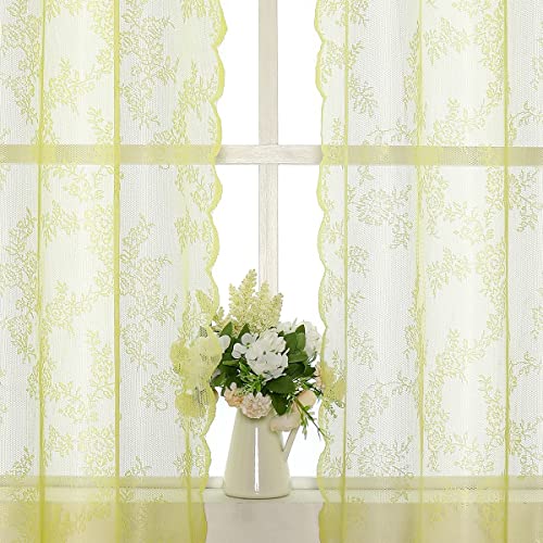 Gelbe Spitzenvorhänge für Mädchenzimmer, 139.7 x 137.2 cm, elegante französische Blumenstickerei, durchscheinende Voile-Vorhänge, strapazierfähiger Rosen-Spitzenstoff, Öse, 2 Stück von Lotusolution