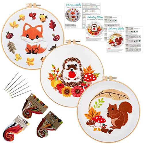 Louise Maelys 3 Set Tier-Sticksets für Anfänger mit Herbst-Eichhörnchen-Igel-Fuchsmuster, Erwachsene, Starter-Kreuzstich-Set, DIY-Nadelspitzen-Kits von Louise Maelys