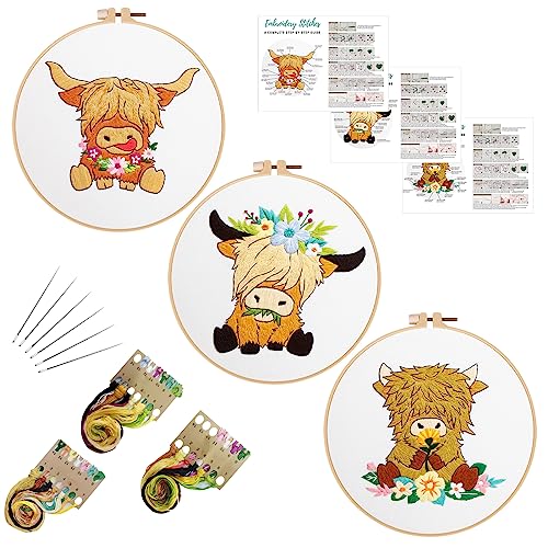 Louise Maelys Stickset für Anfänger, Erwachsene, Kreuzstich-Set, Motiv: Hochlandkuh, 3 Sets von Louise Maelys
