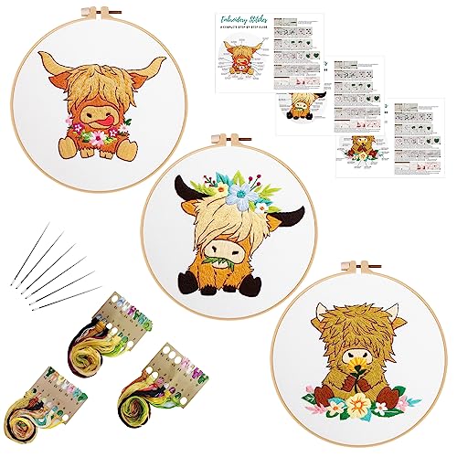 Louise Maelys 3 Sets Highland Cow Sticksets für Anfänger, Erwachsene, Starter Tiermuster Kreuzstich-Set DIY Nadelspitzen-Kits von Louise Maelys