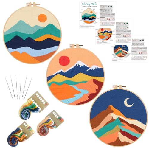 Louise Maelys 3-teiliges Set Landschafts-Sticksets für Anfänger, Kreuzstich-Set für Erwachsene, DIY-Nadelspitze mit Berg-, Sonne- und Mondmuster von Louise Maelys
