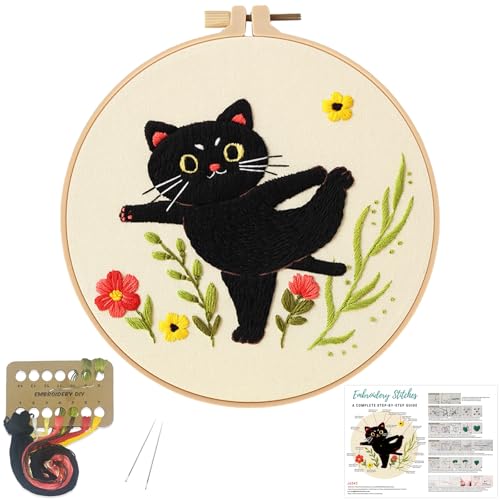 Louise Maelys Lustiges Yoga-Katzen-Stickset für Anfänger, Kreuzstich-Set für Erwachsene, DIY-Nadelspitzen-Werkzeug mit niedlichem Tiermuster, Reifen, Anleitung und Fäden von Louise Maelys