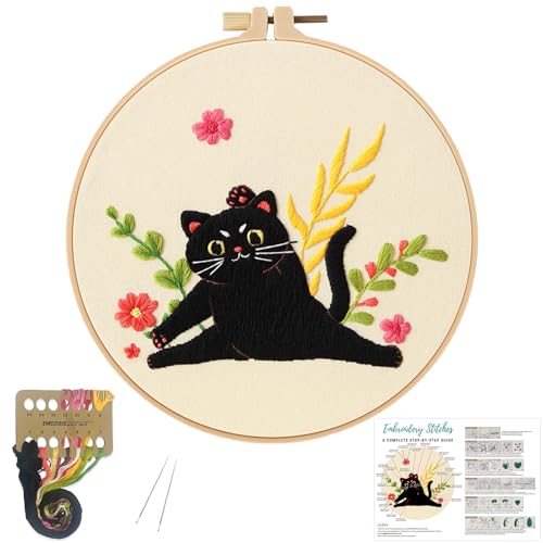 Louise Maelys Niedliches Tier-Stickset für Anfänger, Kreuzstich-Set für Erwachsene, DIY-Nadelspitzen-Werkzeug mit lustigem Yoga-Katzenmuster, Reifen, Anleitung und Fäden von Louise Maelys