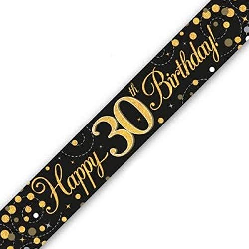 9ft Banner Sparkling Fizz 30th Birthday Black & Gold Holographic von OakTree