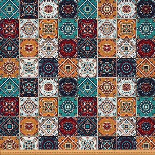 Exotischer Stoff Meterware Ethnischer traditioneller Karo Mandala Muster Möbelstoff Dekorativer Boho Blumen Stoff für den Außenbereich Heller Farb Möbelstoff für Stühle 92x150cm Blaugrün von Loussiesd