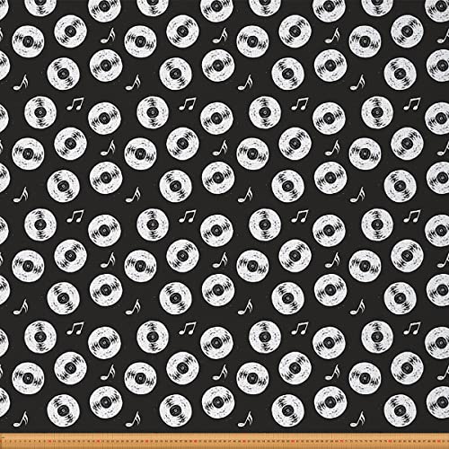 Jahrgang Schallplatte Draussen Stoff von The Yard Musikal Instrument Polsterstoff für Stühle Handgezeichnete Etikettenskizze Musikal Thema Dekorativ Stoff für Heimwerkerprojekte Schwarz 92x150cm von Loussiesd